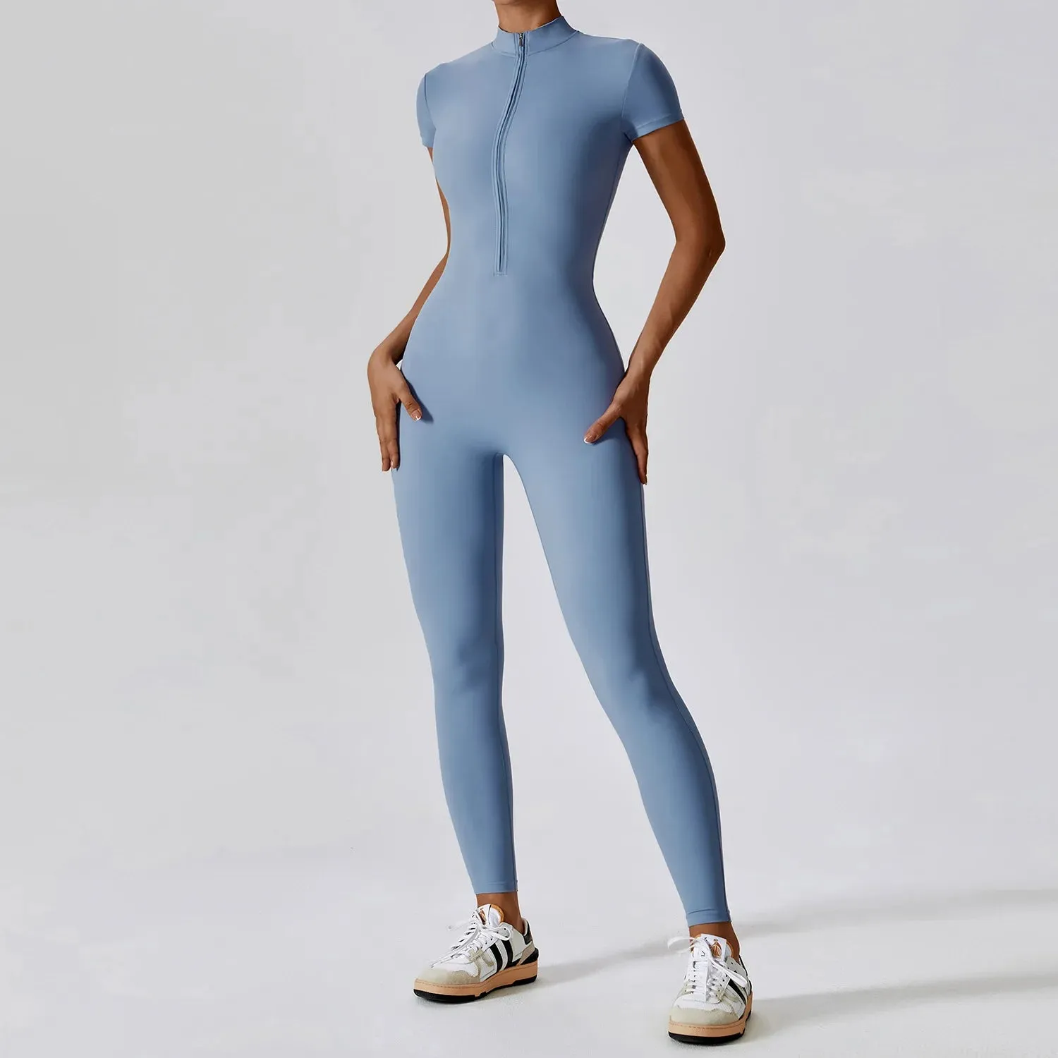 1 - WC - Yoga Jumpsuit: One-piece, short sleeve, zip bodysuit with push-up support for workouts