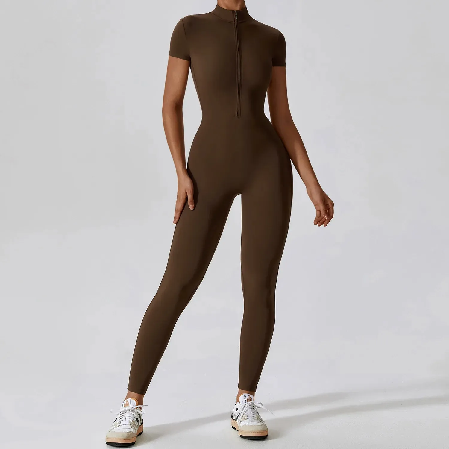 1 - WC - Yoga Jumpsuit: One-piece, short sleeve, zip bodysuit with push-up support for workouts