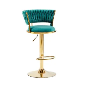 2x Height Adjustable Swivel Bar Stool Velvet Golden Base Barstools Chairs Padded Seat Green