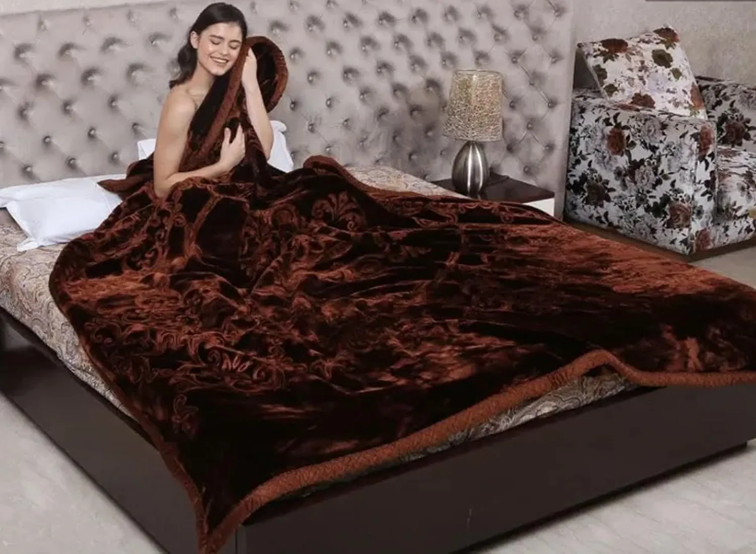 BENAVJI Mink Floral Embossed Super Soft Heavy Light Winter Warm Velvet Korean Double Bed Blanket (Brown)