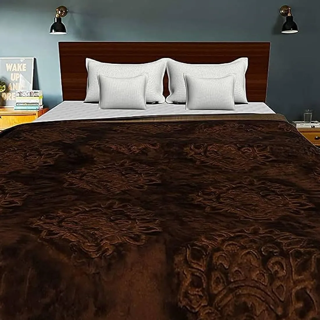 BENAVJI Mink Floral Embossed Super Soft Heavy Light Winter Warm Velvet Korean Double Bed Blanket (Brown)