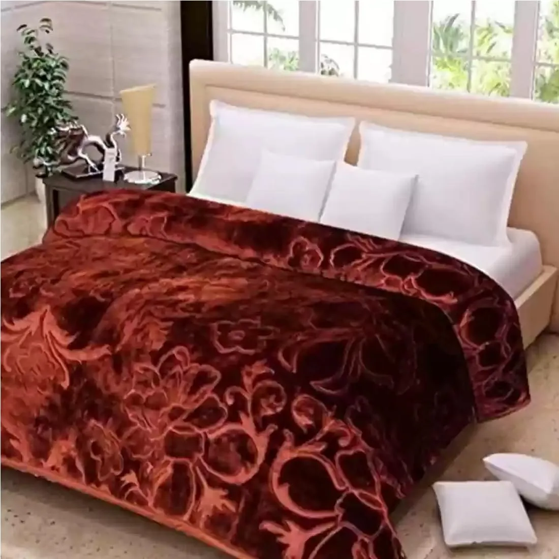 BENAVJI Mink Floral Embossed Super Soft Heavy Light Winter Warm Velvet Korean Double Bed Blanket (Brown)