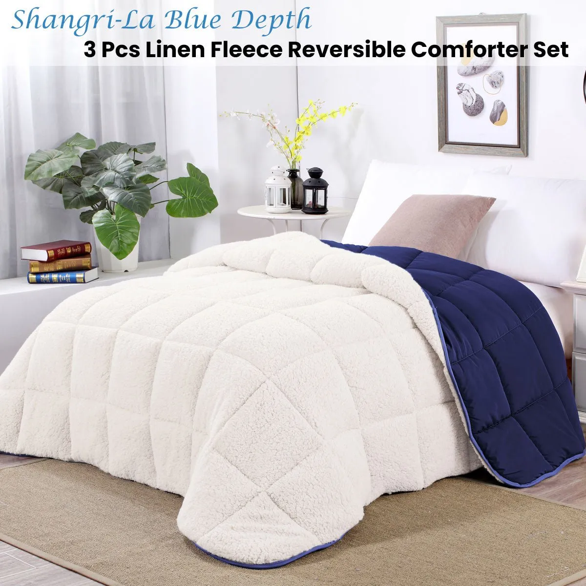 Blue Depth Sherpa Fleece Reversible 3 Pcs Comforter Set King