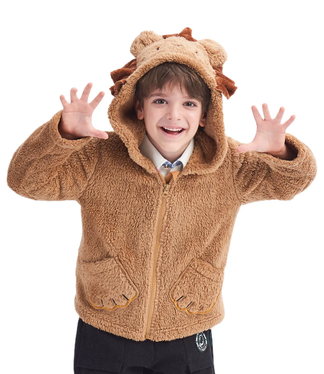 Boys Animal Coat Toddler Kids Lion Jackets Flannel Hooded Outfits Plush Zipper Costume for Autumn Winter