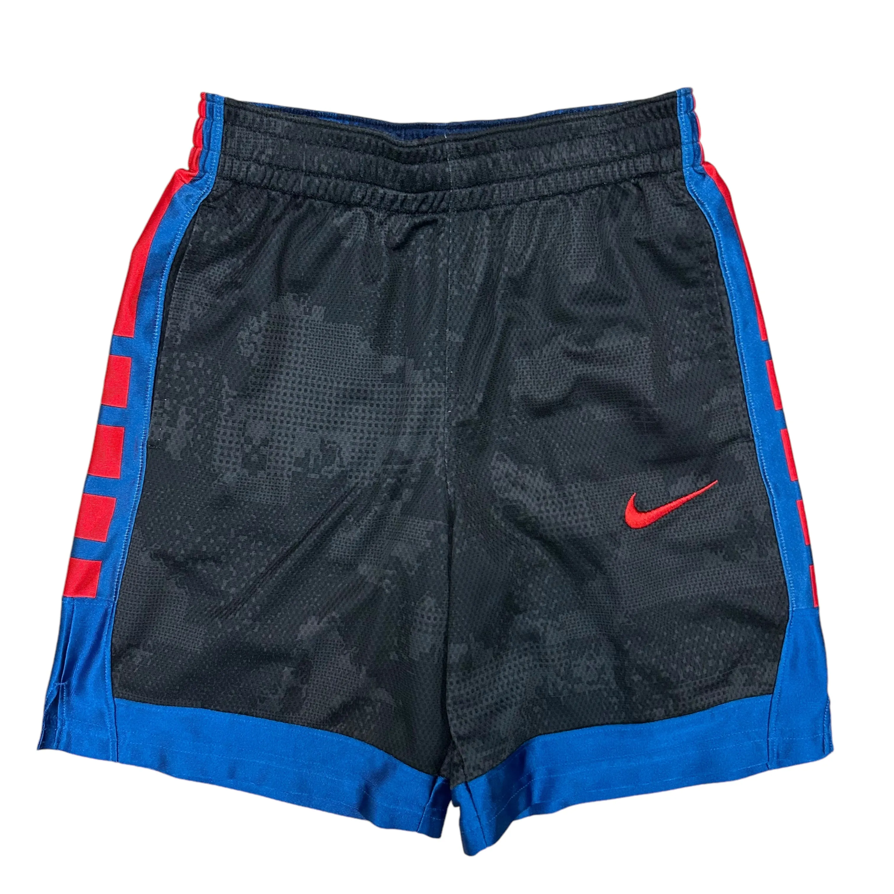 Boys Nike Dri-Fit Size 10/12 YMD Black Blue & Red Athletic Drawcord Shorts