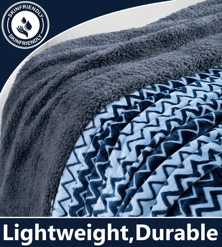 BSB HOME® Premium Micromink Winter/Mild Winter AC Blanket Sherpa Super Soft/Warm Flannel Jacquard Plush/Printed, Dark Blue & Grey, Size 220 x 230 Cms (Approx 7.6 x 7 ft) (Double), Skin Friendly