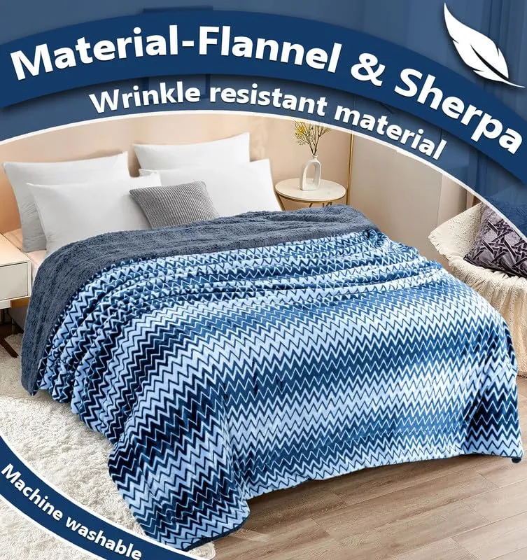 BSB HOME® Premium Micromink Winter/Mild Winter AC Blanket Sherpa Super Soft/Warm Flannel Jacquard Plush/Printed, Dark Blue & Grey, Size 220 x 230 Cms (Approx 7.6 x 7 ft) (Double), Skin Friendly