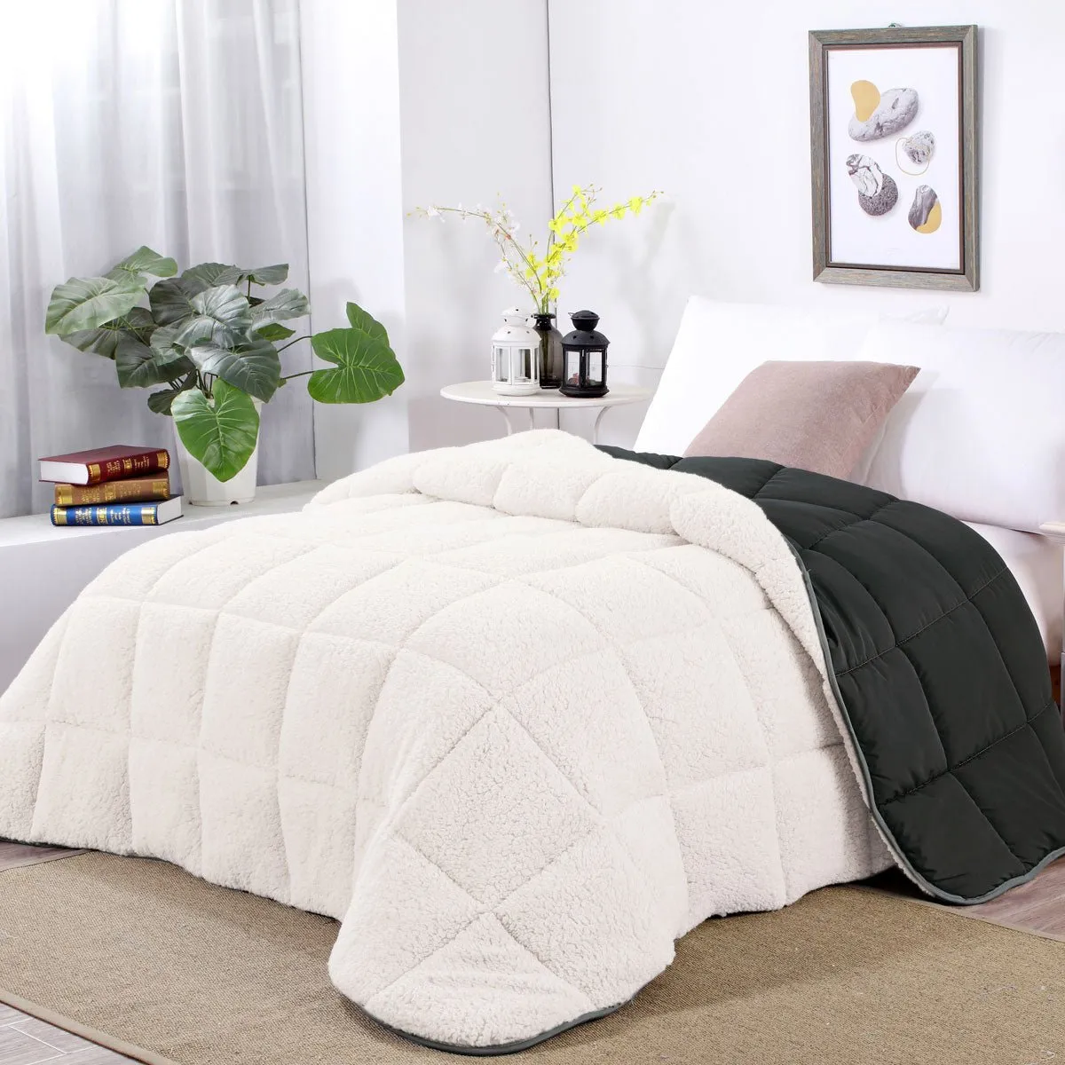 Charcoal Sherpa Fleece Reversible 3 Pcs Comforter Set Double