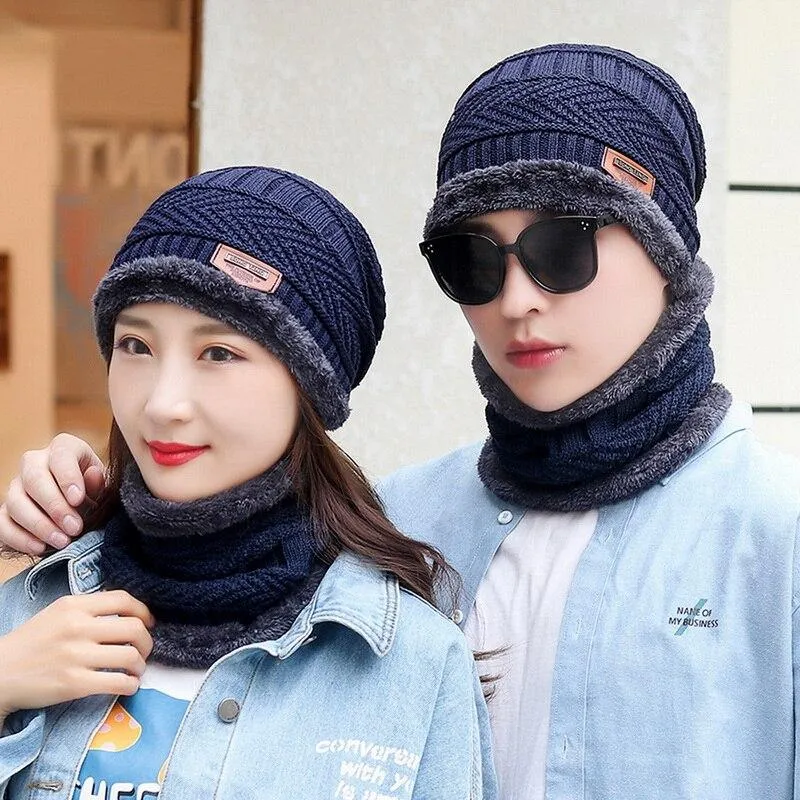 Couples Knitted Double Layers Wool Winter Hat Beanies & Scarf Sets