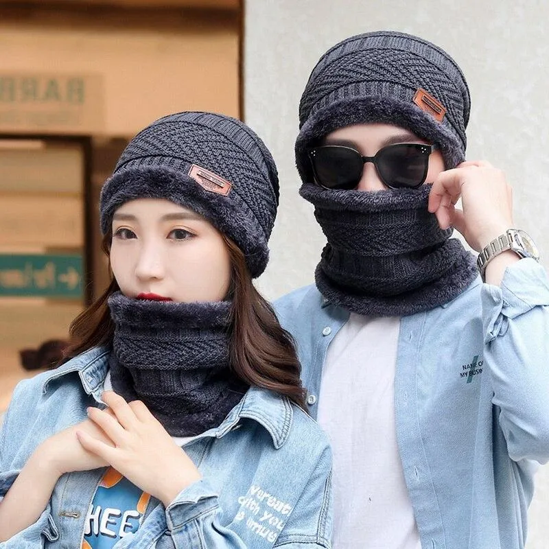 Couples Knitted Double Layers Wool Winter Hat Beanies & Scarf Sets