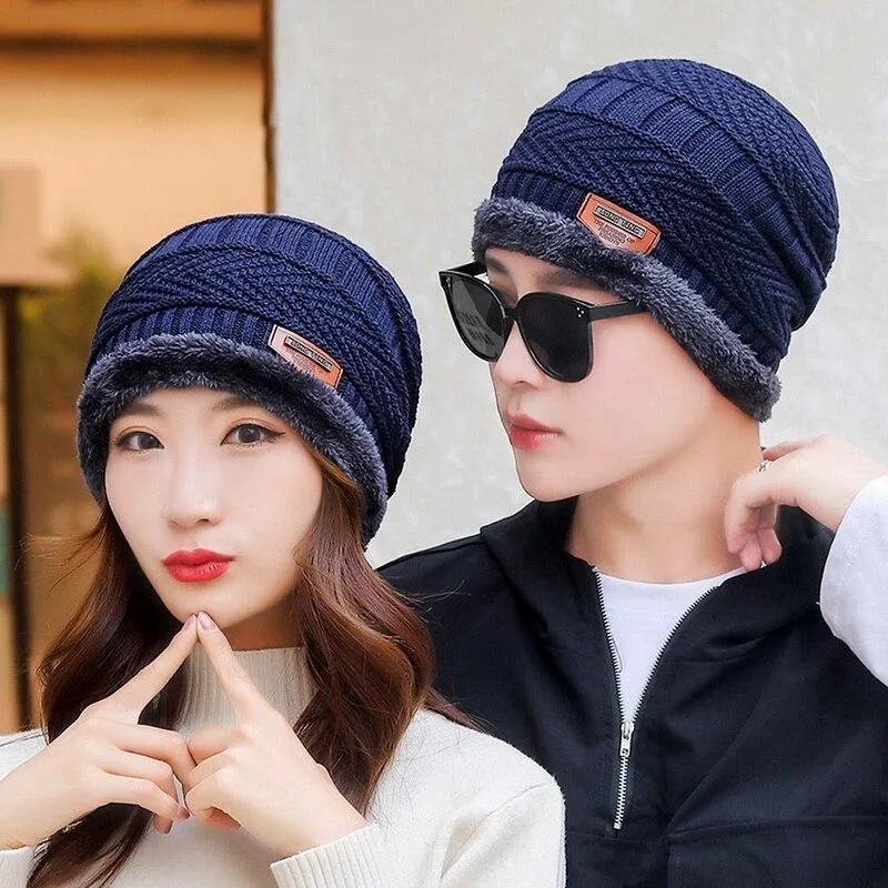 Couples Knitted Double Layers Wool Winter Hat Beanies & Scarf Sets