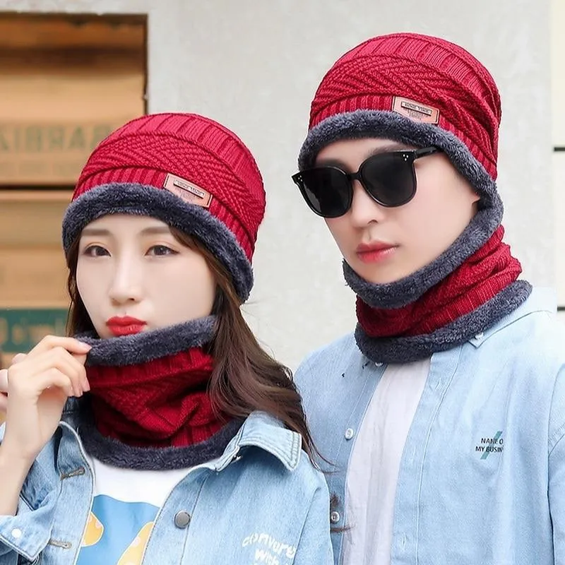 Couples Knitted Double Layers Wool Winter Hat Beanies & Scarf Sets