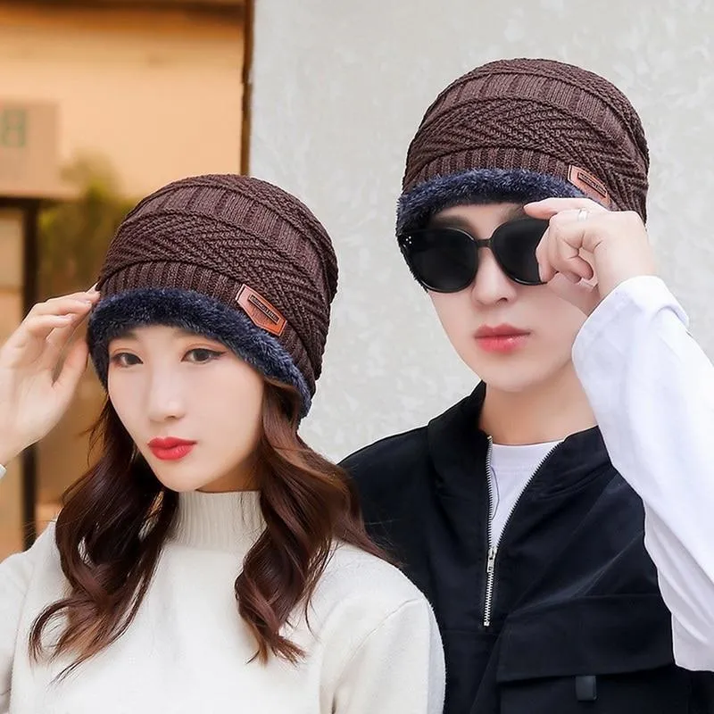 Couples Knitted Double Layers Wool Winter Hat Beanies & Scarf Sets