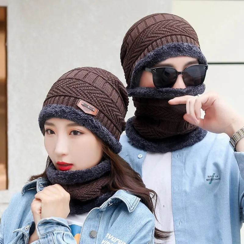 Couples Knitted Double Layers Wool Winter Hat Beanies & Scarf Sets