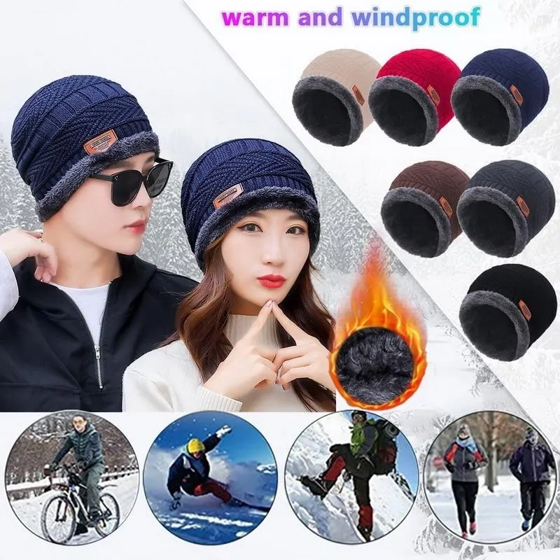 Couples Knitted Double Layers Wool Winter Hat Beanies & Scarf Sets