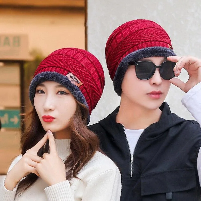 Couples Knitted Double Layers Wool Winter Hat Beanies & Scarf Sets