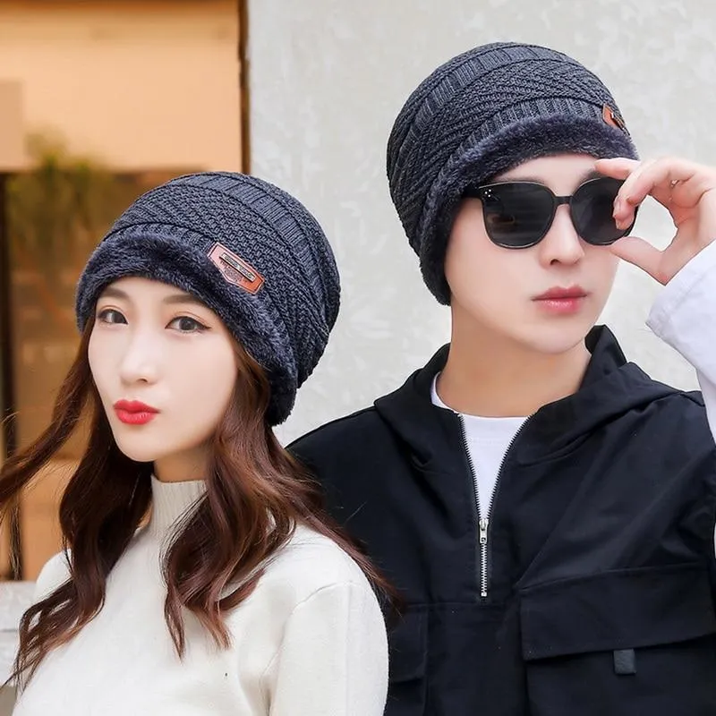 Couples Knitted Double Layers Wool Winter Hat Beanies & Scarf Sets