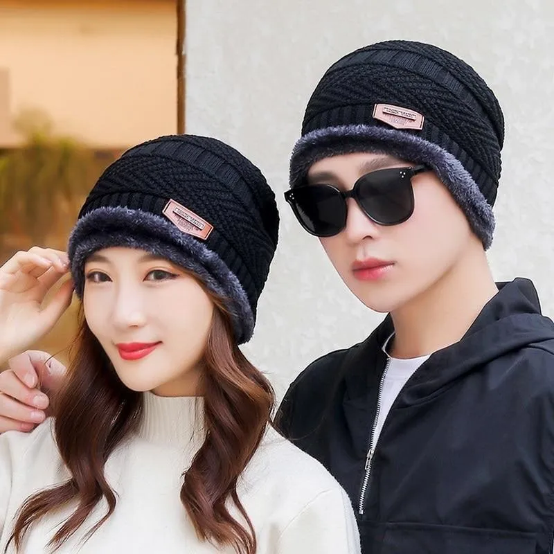 Couples Knitted Double Layers Wool Winter Hat Beanies & Scarf Sets