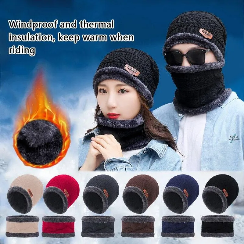 Couples Knitted Double Layers Wool Winter Hat Beanies & Scarf Sets