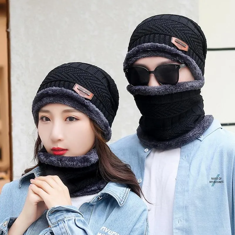 Couples Knitted Double Layers Wool Winter Hat Beanies & Scarf Sets