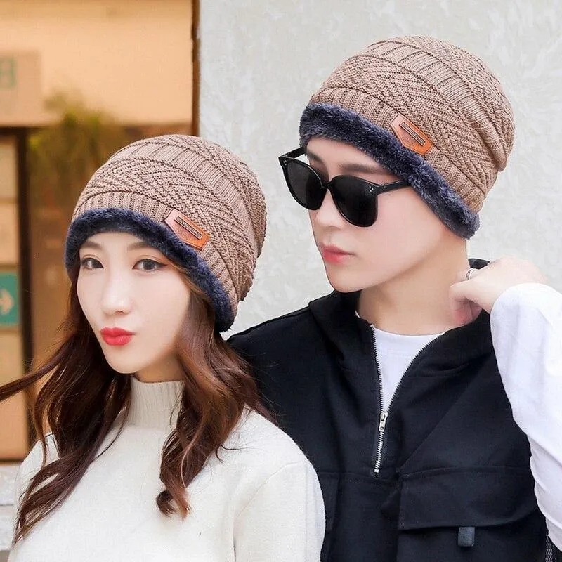 Couples Knitted Double Layers Wool Winter Hat Beanies & Scarf Sets