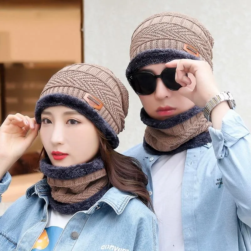 Couples Knitted Double Layers Wool Winter Hat Beanies & Scarf Sets