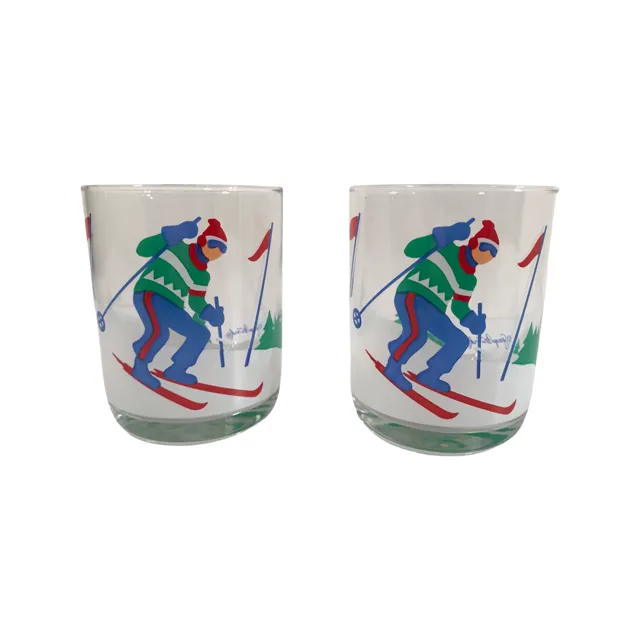 Georges Briard Signed Mid-Century Skier Double Old Fashion Glasses (Set of 2)