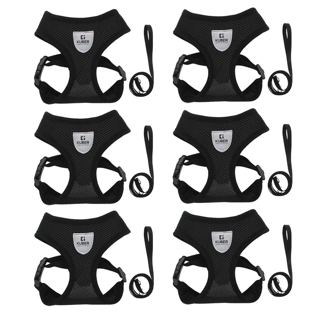 Kuber Industries Reflective Dog Harness With Adjustable Leash|Breathable Polyester Mesh Fabric With Top carry Handle|Large Size|HAT-818|Comfortable No-Pull Grip|Quick Release Buckles|Black (Pack Of 6)