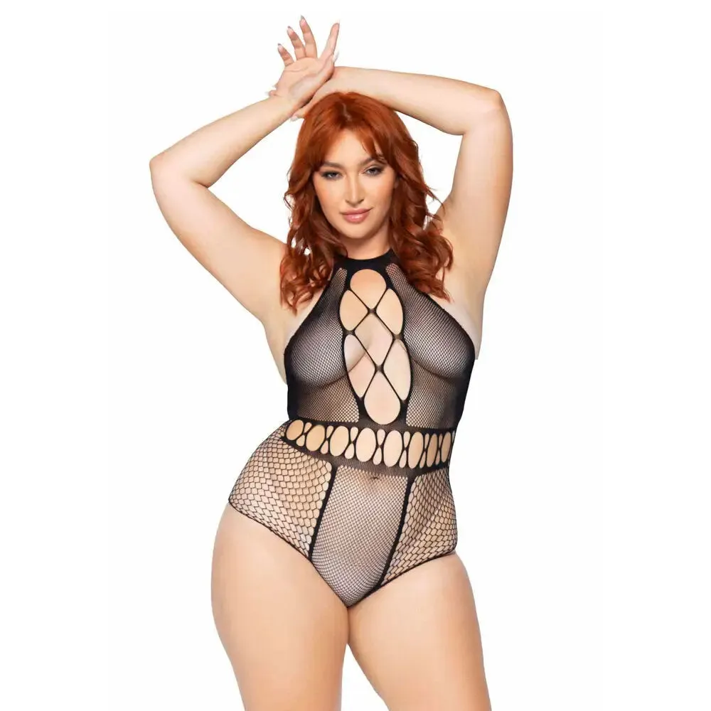 Leg Avenue Black Seamless Multi-net Bodysuit with T-straps Uk 14 to 18