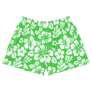 Lime and White Hawaiian Flowers Women's Athletic Swim Shorts