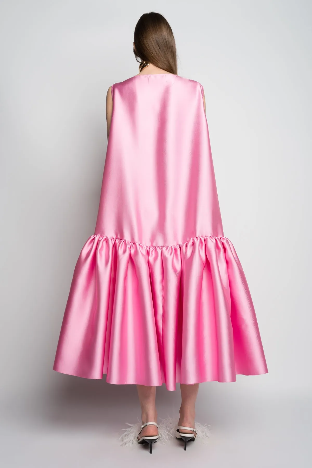 PINK MIDI SLEEVELESS PUFF HEM DRESS