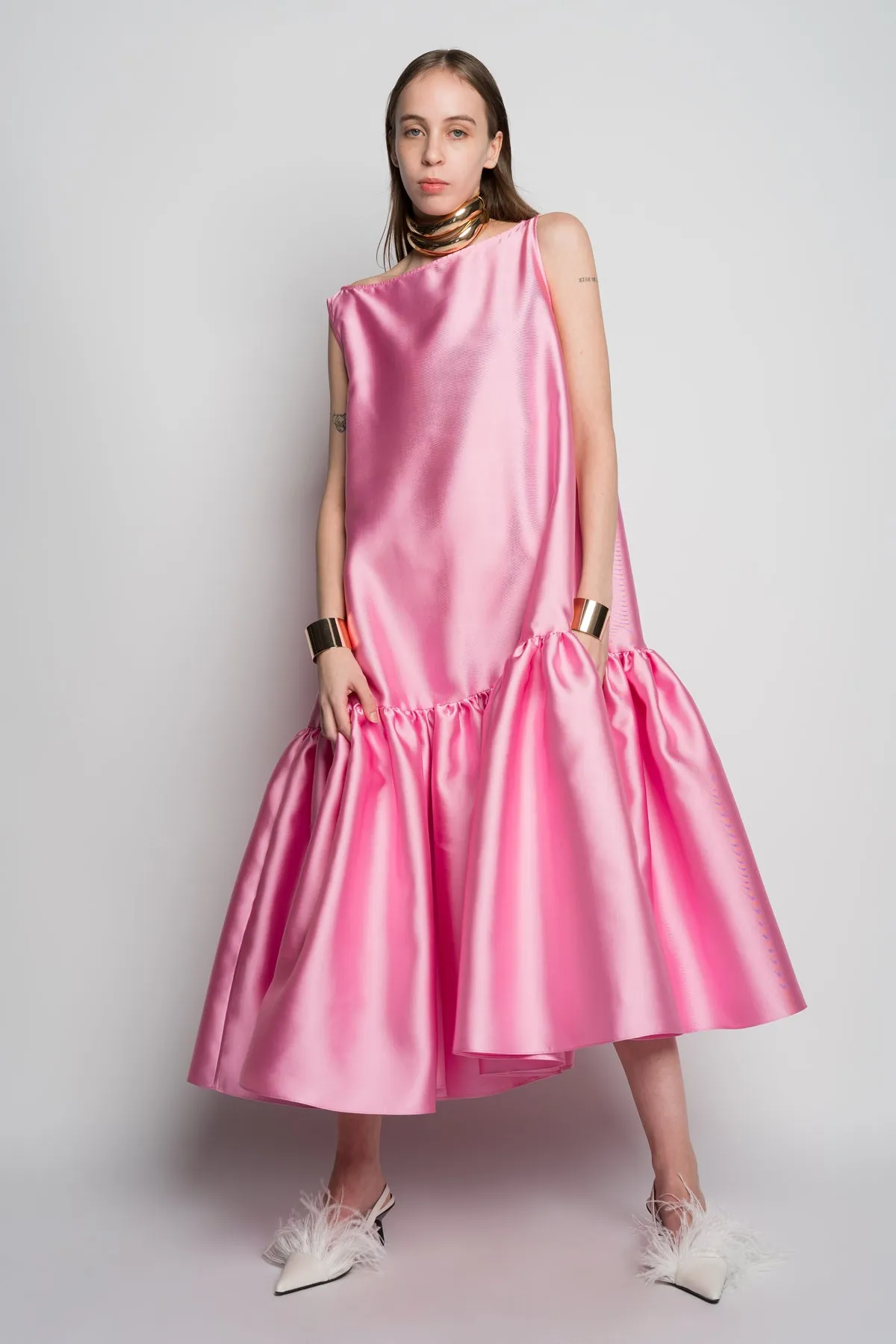 PINK MIDI SLEEVELESS PUFF HEM DRESS