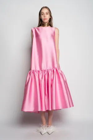 PINK MIDI SLEEVELESS PUFF HEM DRESS