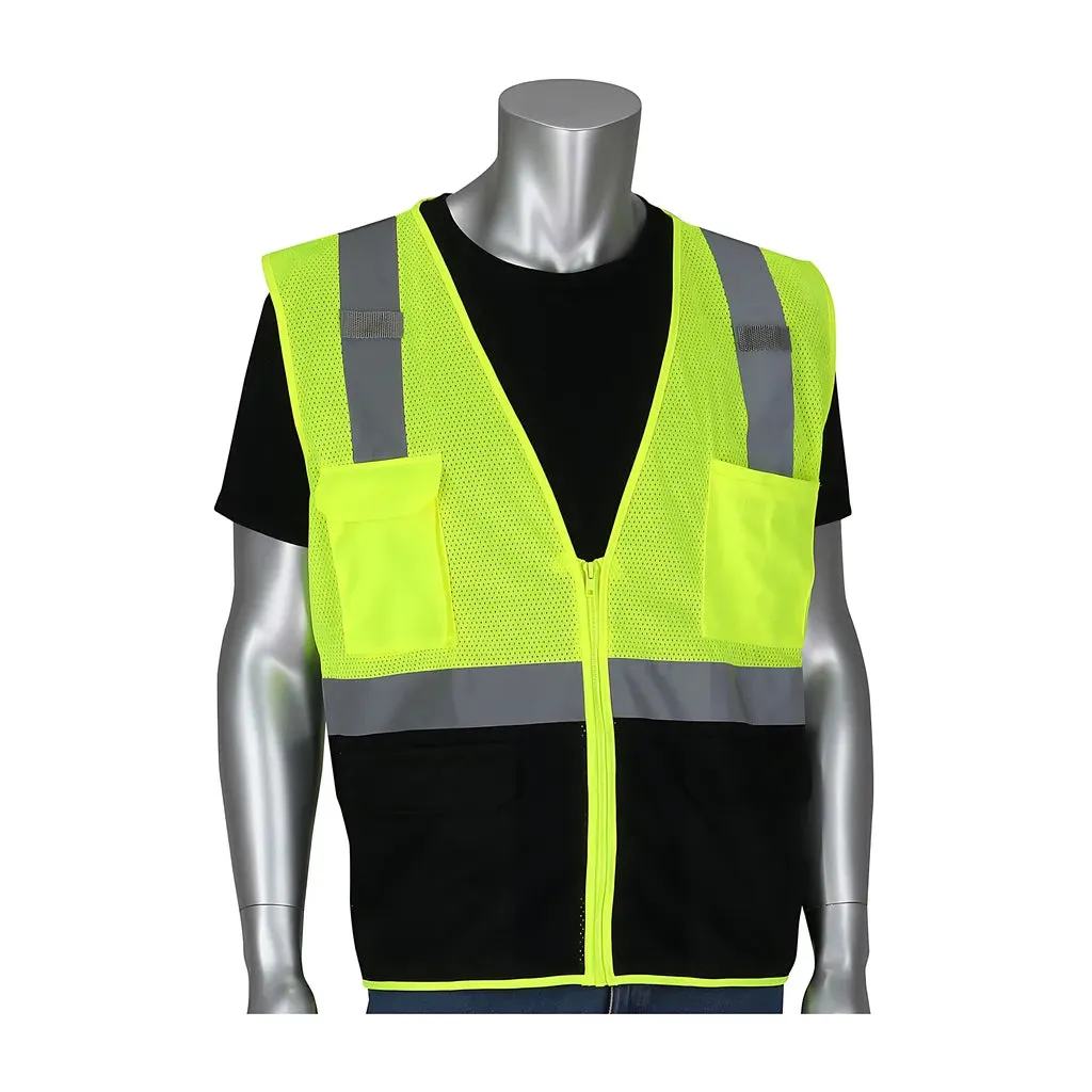 PIP 302-0710B-LY/2X ANSI Type R Class 2 Five Pocket Value Mesh Vest with Black Bottom Front