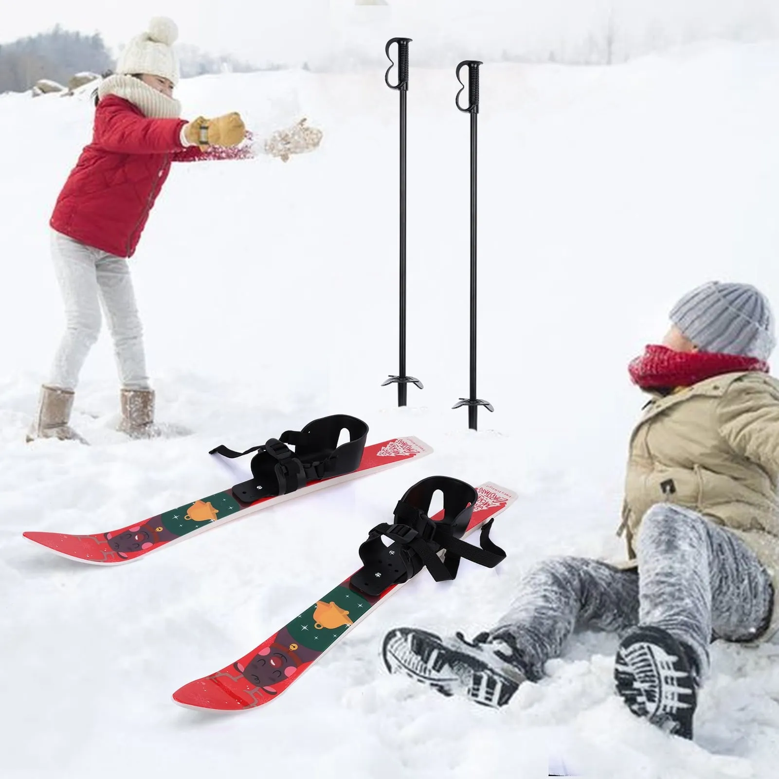 premium Kid Beginner Snow Skis and Poles, Low-Resistant Ski Boards for Age 4 and Under, Lightweight Sturdy Safe Kids Skiing Equipment, with Christmas Themed Pattern, Adjustable Buckle-Red