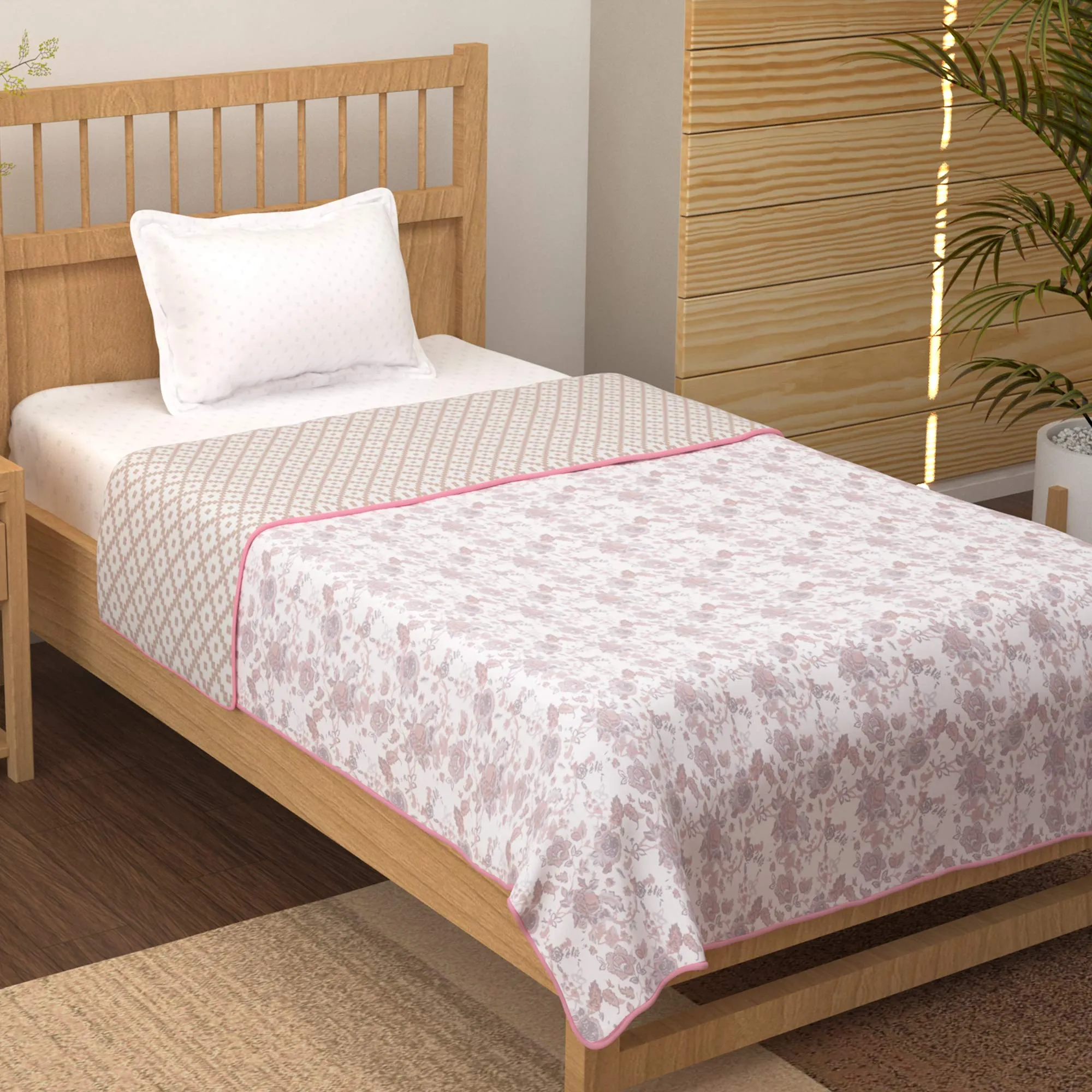 Story@Home Super Soft Single, Reversible Dohar for Single beds. 100% Cotton, Lightweight, Ideal for Winter. Measures 88x94 inches in White & Pink, with 150TC for Added Comfort.