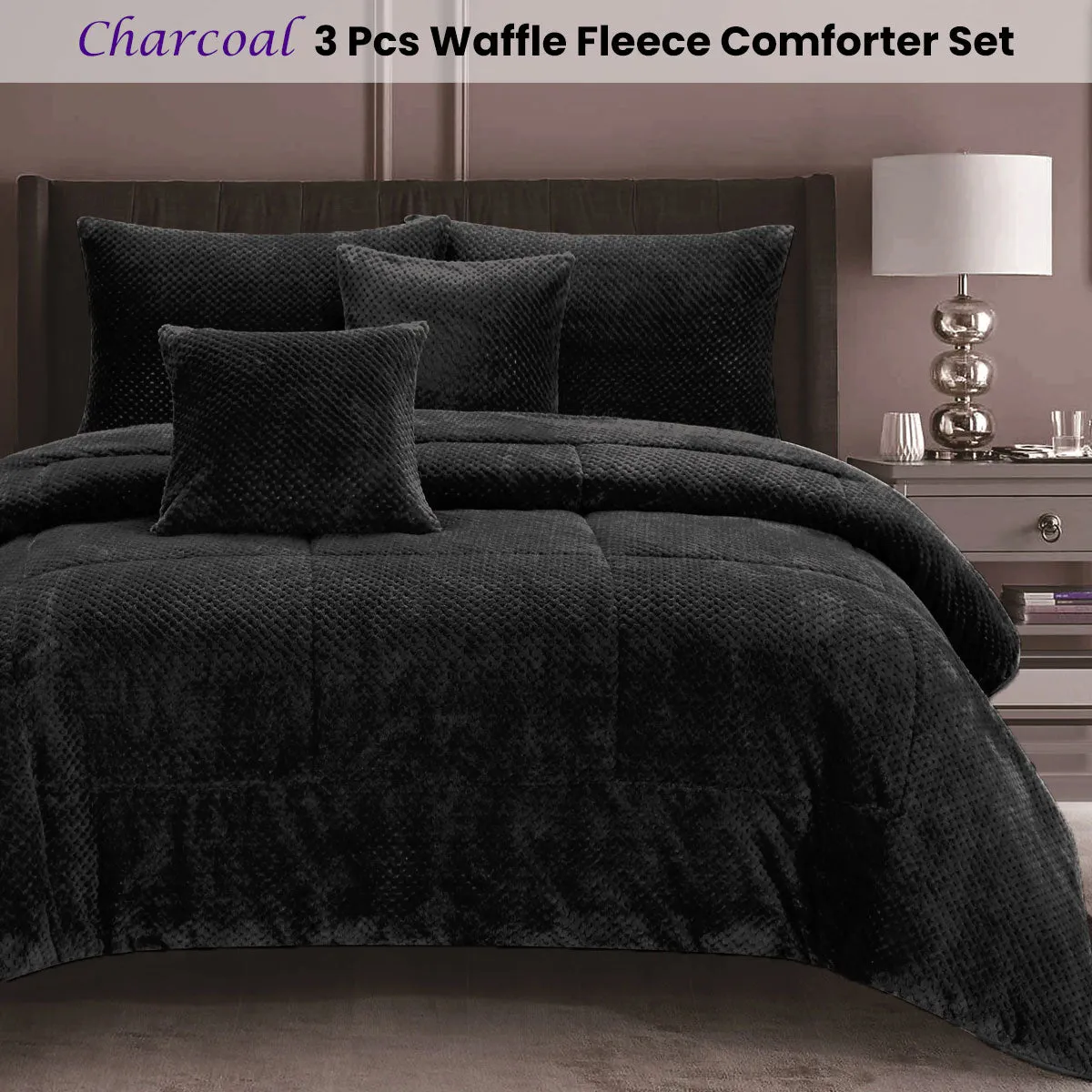 Waffle Fleece Charcoal 3 Pcs Comforter Set King