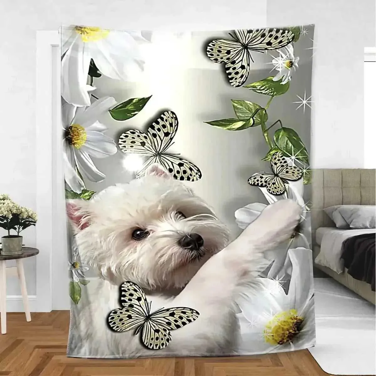 Westie Cute Puppy Blankets West Highland Terrier Dog Flannel Throw Blanket Airplane Travel Printed Soft Warm Bedspread King Size