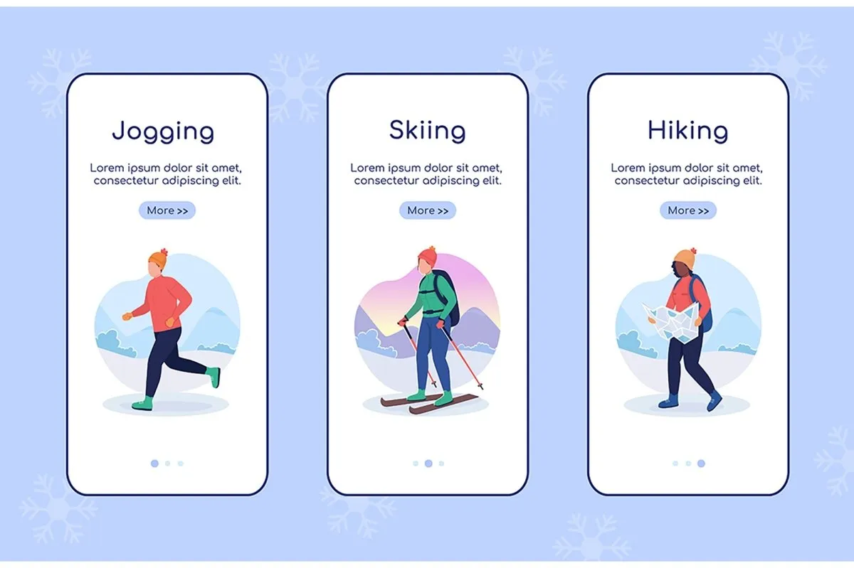 Winter hiking flat vector template set