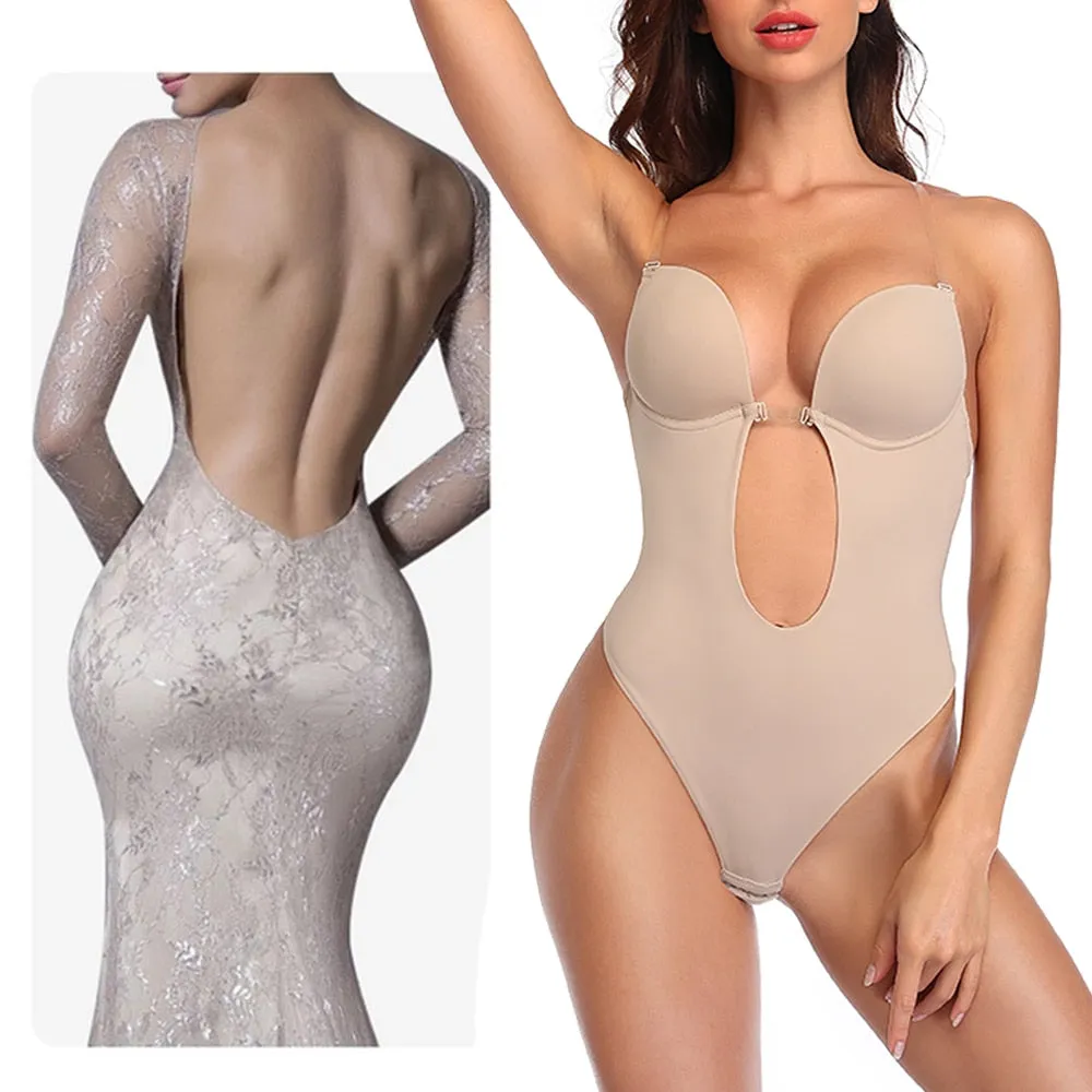 Women's Backless Shapewear Bodysuti Shaper Lace Smooth Plunge Body Briefer V-Neck Strapless Backless Bodysuit for Weddings