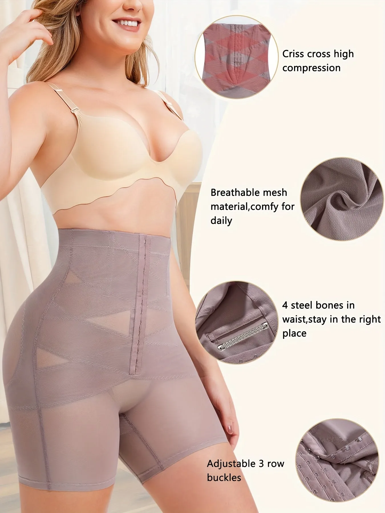 Women's High-Waist Shapewear Tummy Control Body Shaper Shorts, Butt Lifter Panties, Adjustable Waist Trainer, Breathable Fabric, With 4 Steel Bones