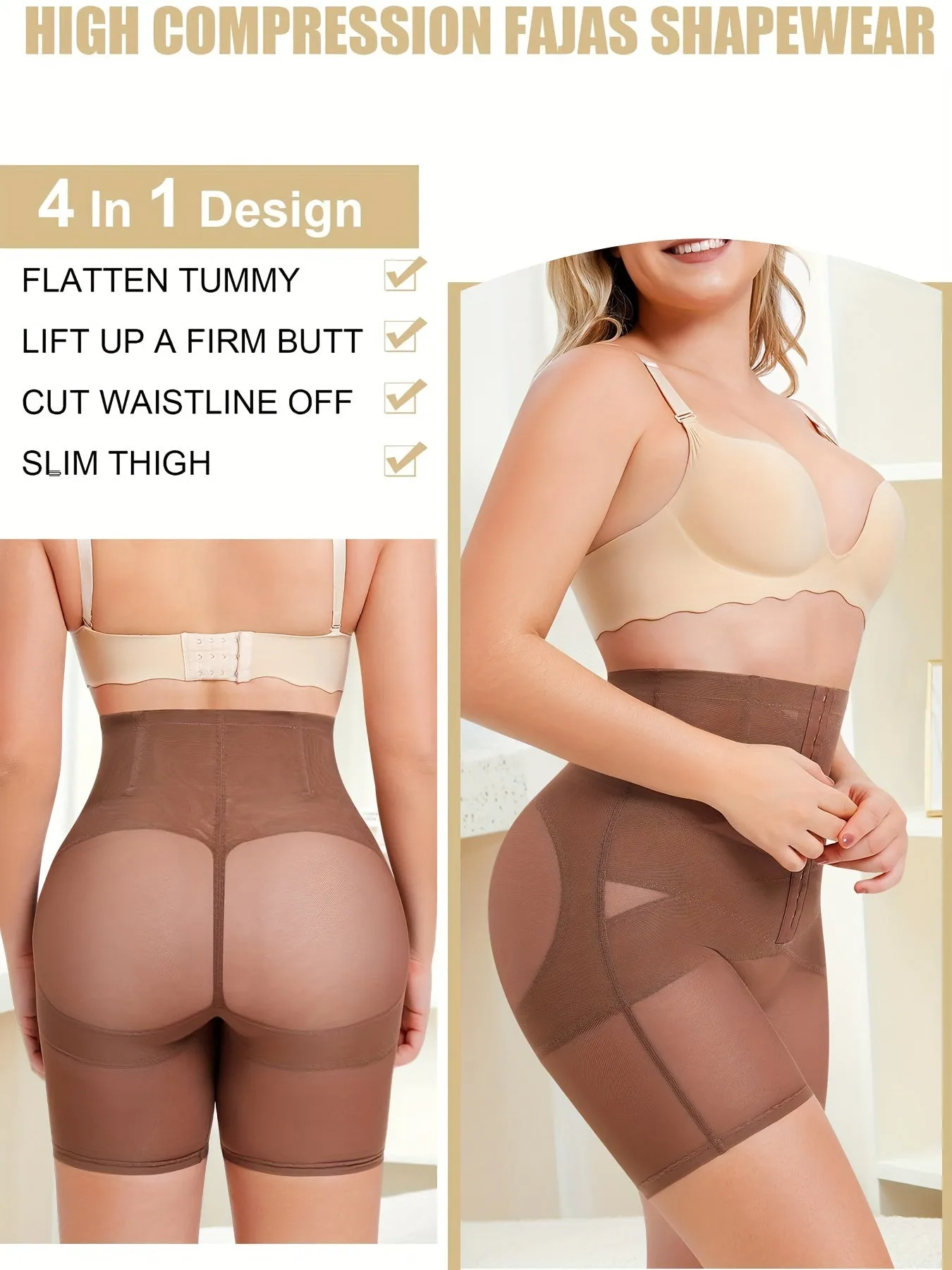 Women's High-Waist Shapewear Tummy Control Body Shaper Shorts, Butt Lifter Panties, Adjustable Waist Trainer, Breathable Fabric, With 4 Steel Bones