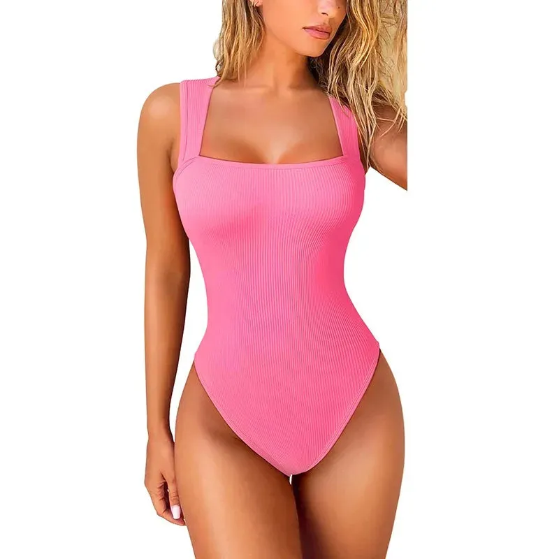 Women's Sexy Summer Square Collar High Waist Ultra Elastic Slim-Fit Thong Shapewear Jumpsuit