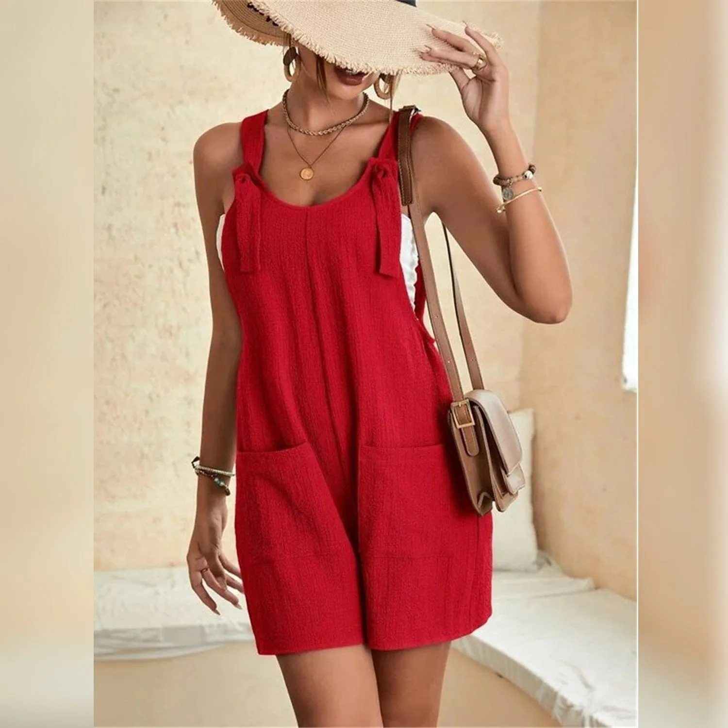 Women's U-Neck Strap Pocket Jumpsuit Solid Color