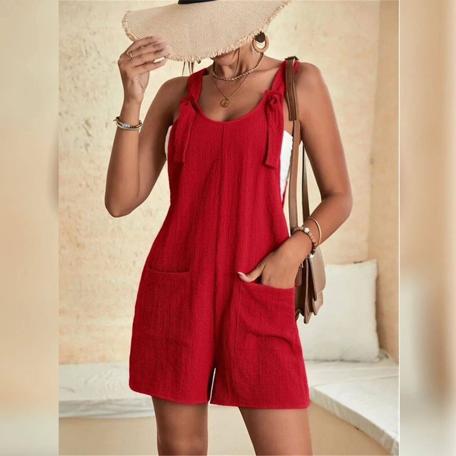 Women's U-Neck Strap Pocket Jumpsuit Solid Color