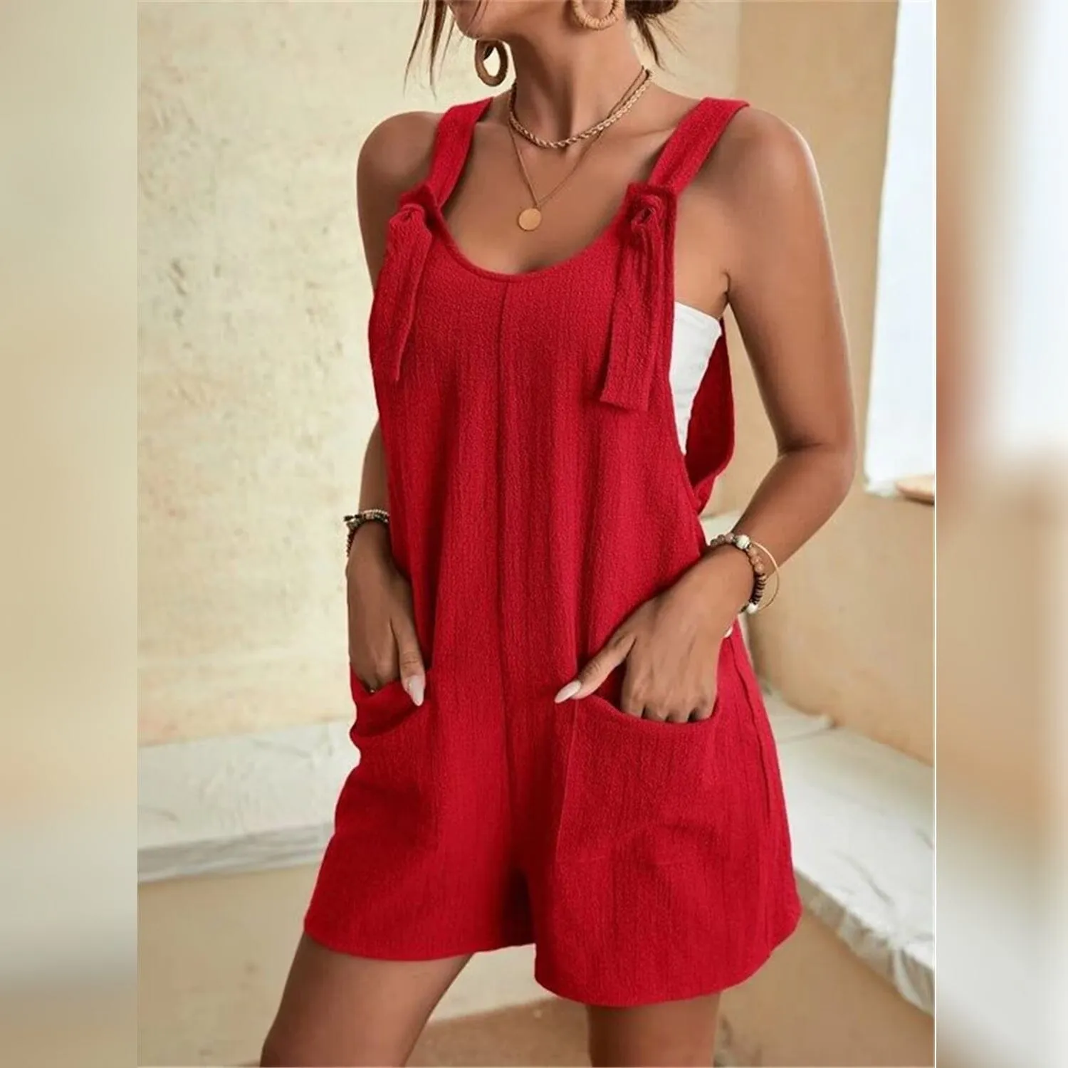 Women's U-Neck Strap Pocket Jumpsuit Solid Color