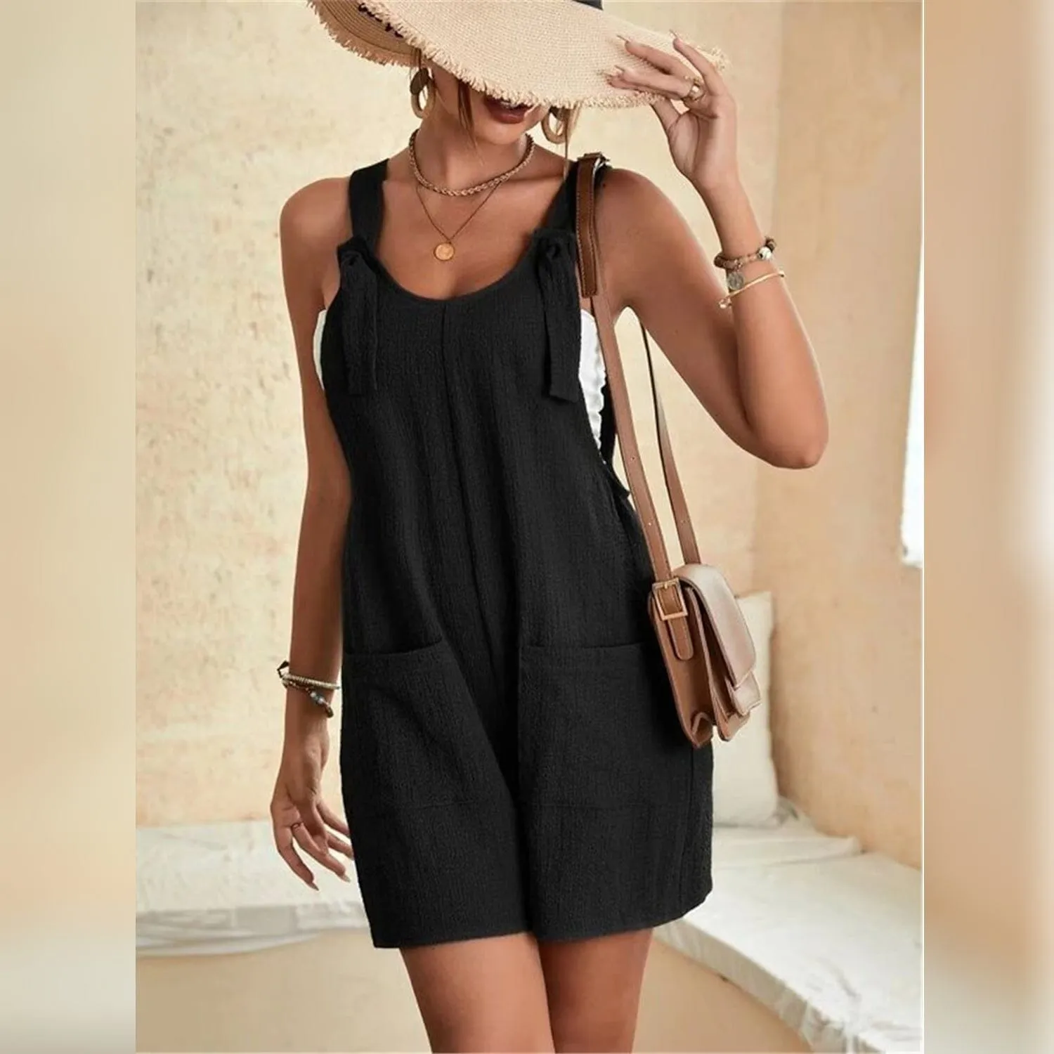 Women's U-Neck Strap Pocket Jumpsuit Solid Color