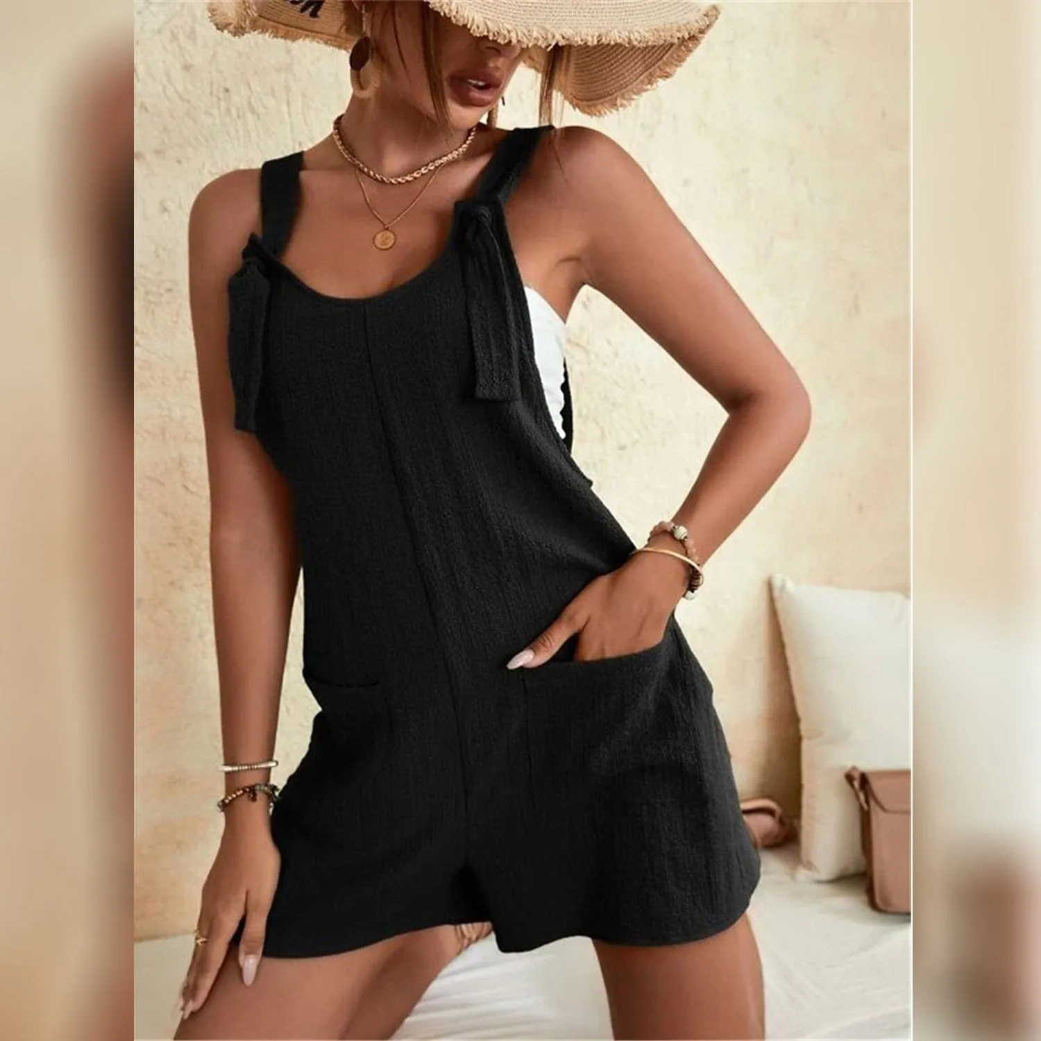 Women's U-Neck Strap Pocket Jumpsuit Solid Color