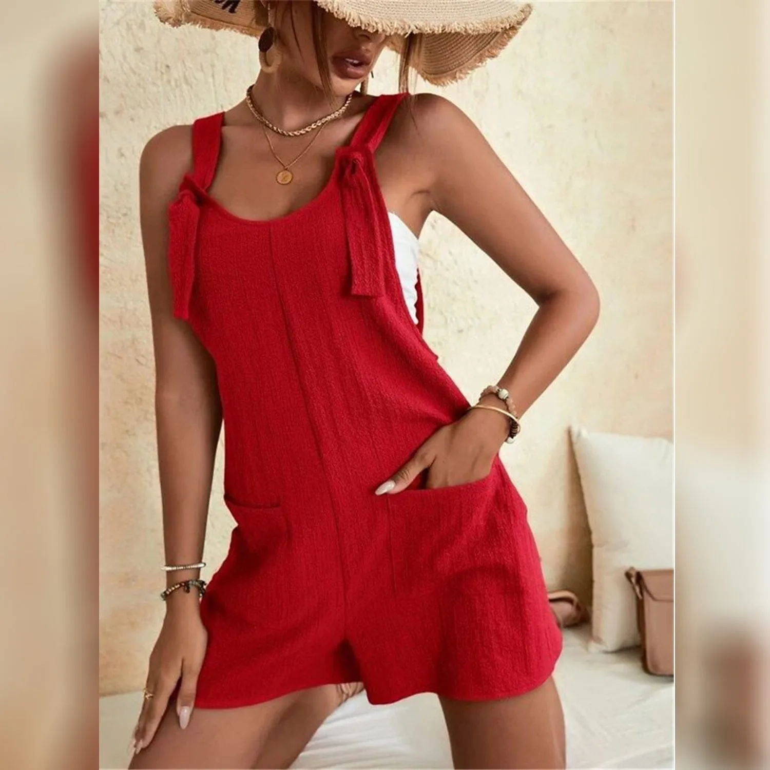 Women's U-Neck Strap Pocket Jumpsuit Solid Color