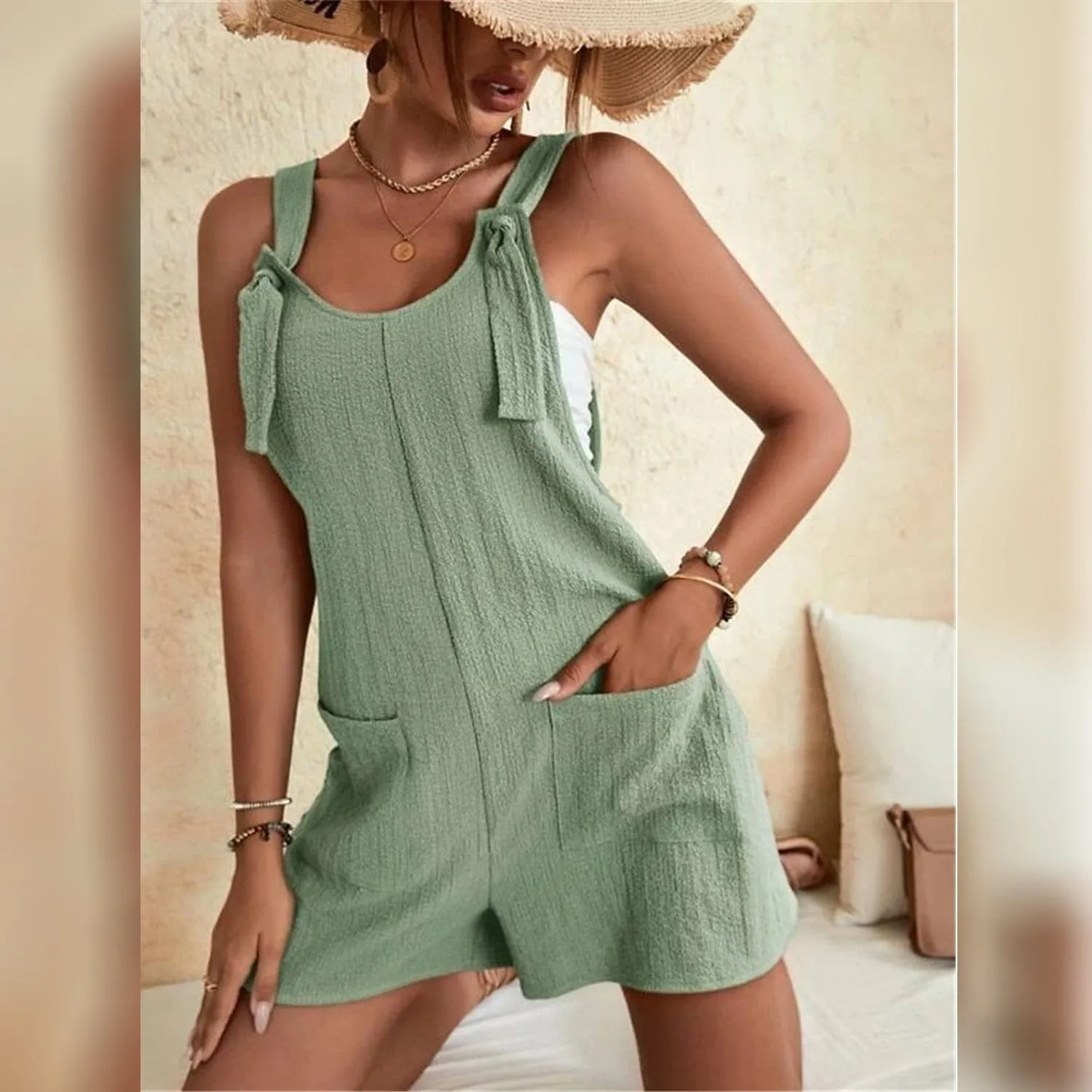 Women's U-Neck Strap Pocket Jumpsuit Solid Color